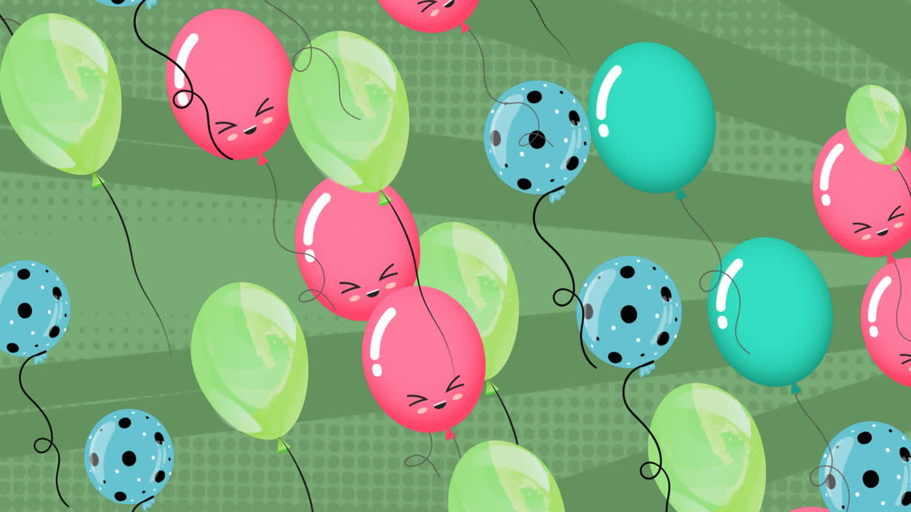 초록색 배경 위를 날아다니는 다채로운 풍선의 애니메이션