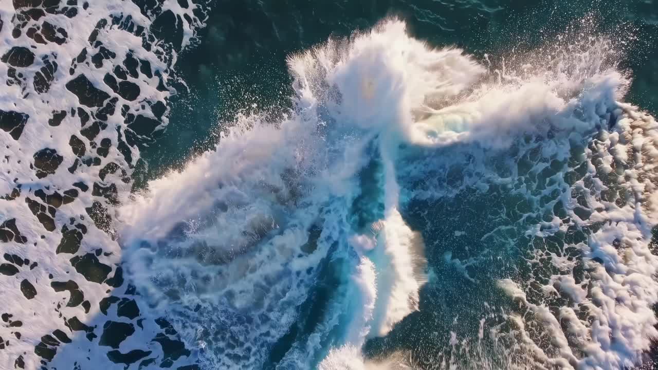 The video captures serene ocean waves from a bird's-eye view, highlighting the rhythmic motion