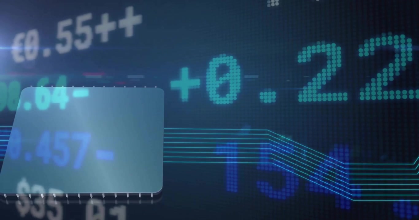 Animation of multicolored trading board over electronic equipment and lines over abstract background