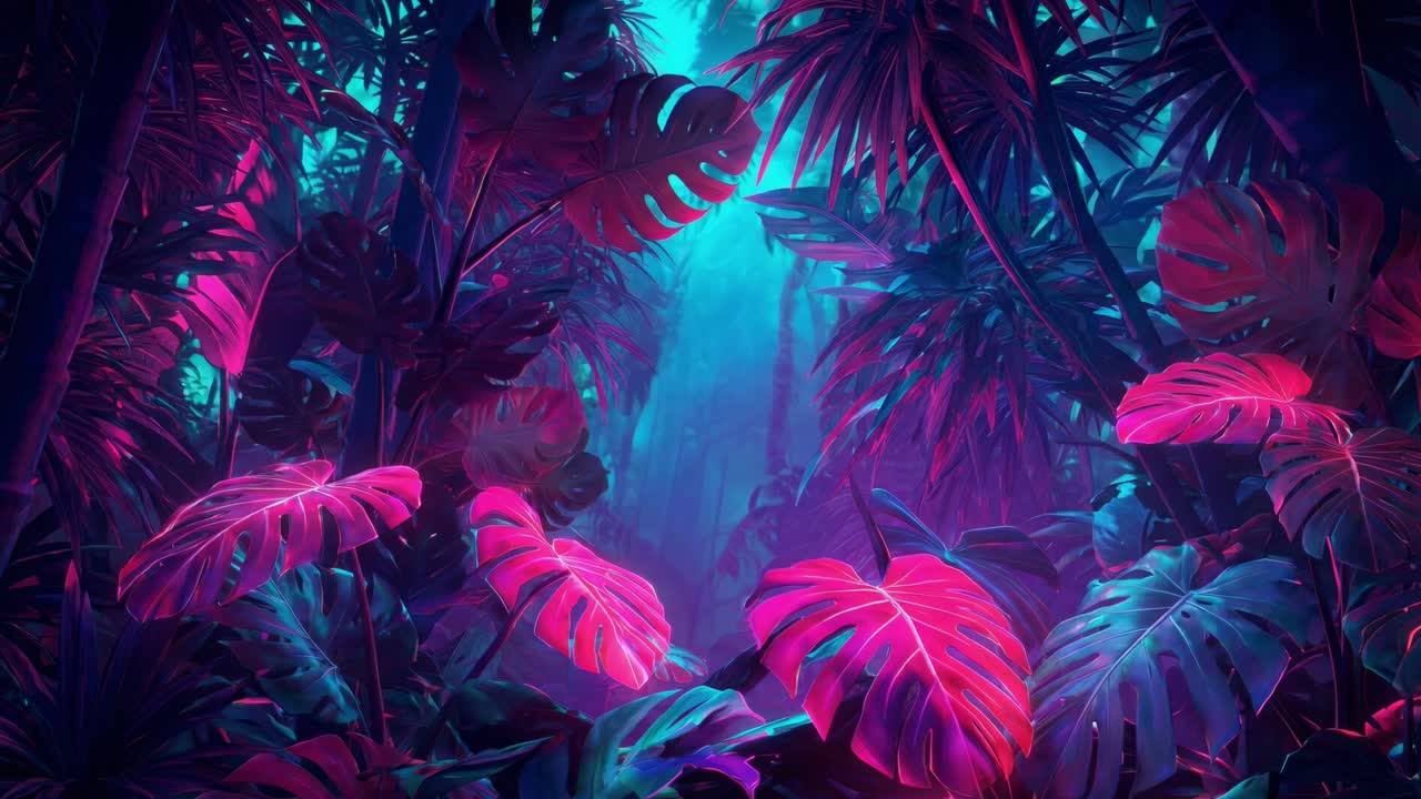 Glowing tropical plants under atmospheric cinematic lighting with vibrant hues