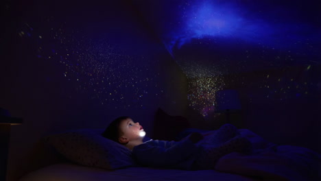 child looking at a star and galaxy projection on the bedroom ceiling