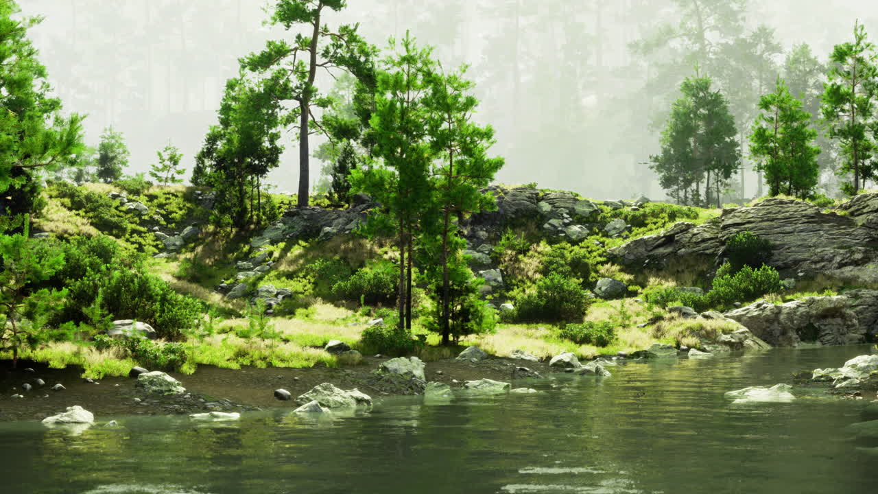 Lush green landscape featuring a serene body of water surrounded by trees