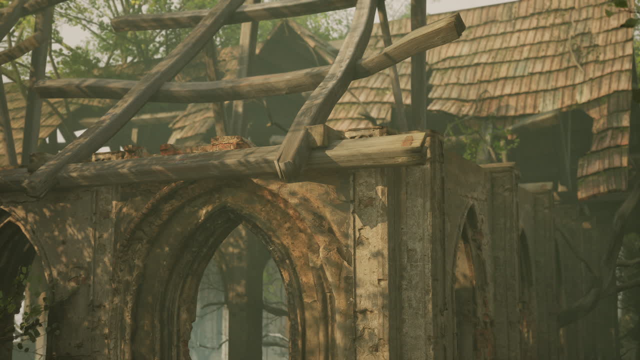 Wooden structure with roof in wooded area
