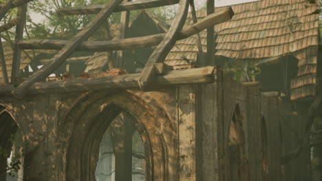wooden structure with roof in wooded area