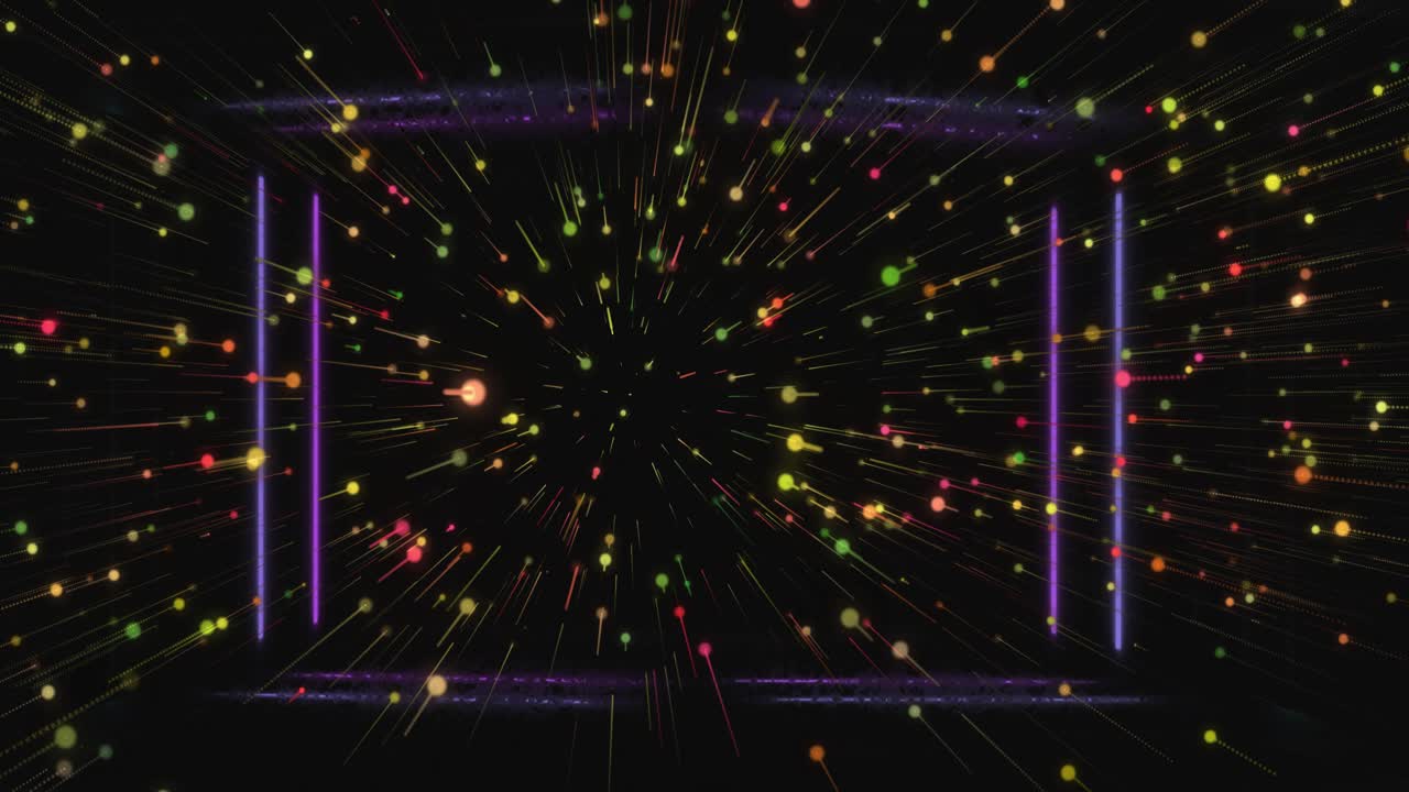 Emitter starting vivid orbs expanding and speeding outward peaking and thinning creating stage glow