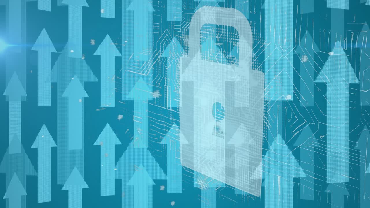 상향을 가리키는 여러 화살표가 있는 온라인 보안  ⁇ 락의 애니메이션