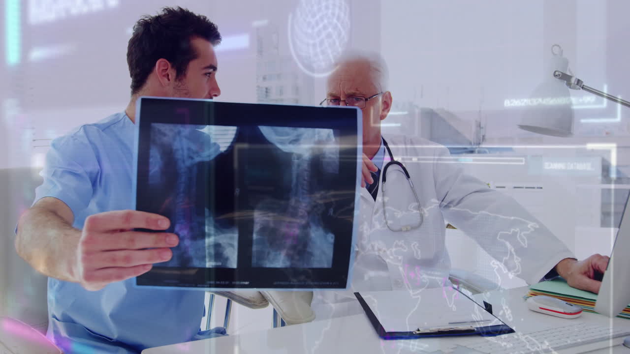 In medical office, doctors examining X-ray with digital animation overlay