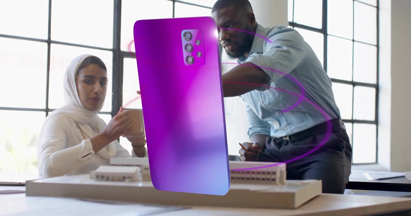 Designer woman holding mug and man pointing as holographic phone appearing integrating architecture