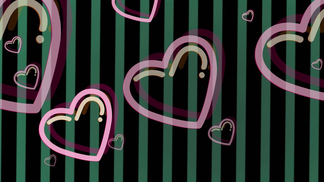 검은 바탕의 초록색 줄무 ⁇  위에 움직이는 분홍색 심장의 애니메이션