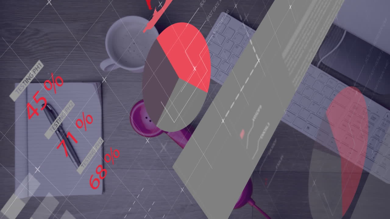 사무실 책상 위에 떨어지는 전화에 대한 통계 데이터 처리의 애니메이션