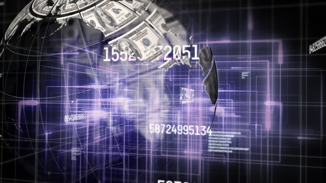 animación de números cambiando el procesamiento de datos en todo el mundo formado con billetes de dólares estadounidenses