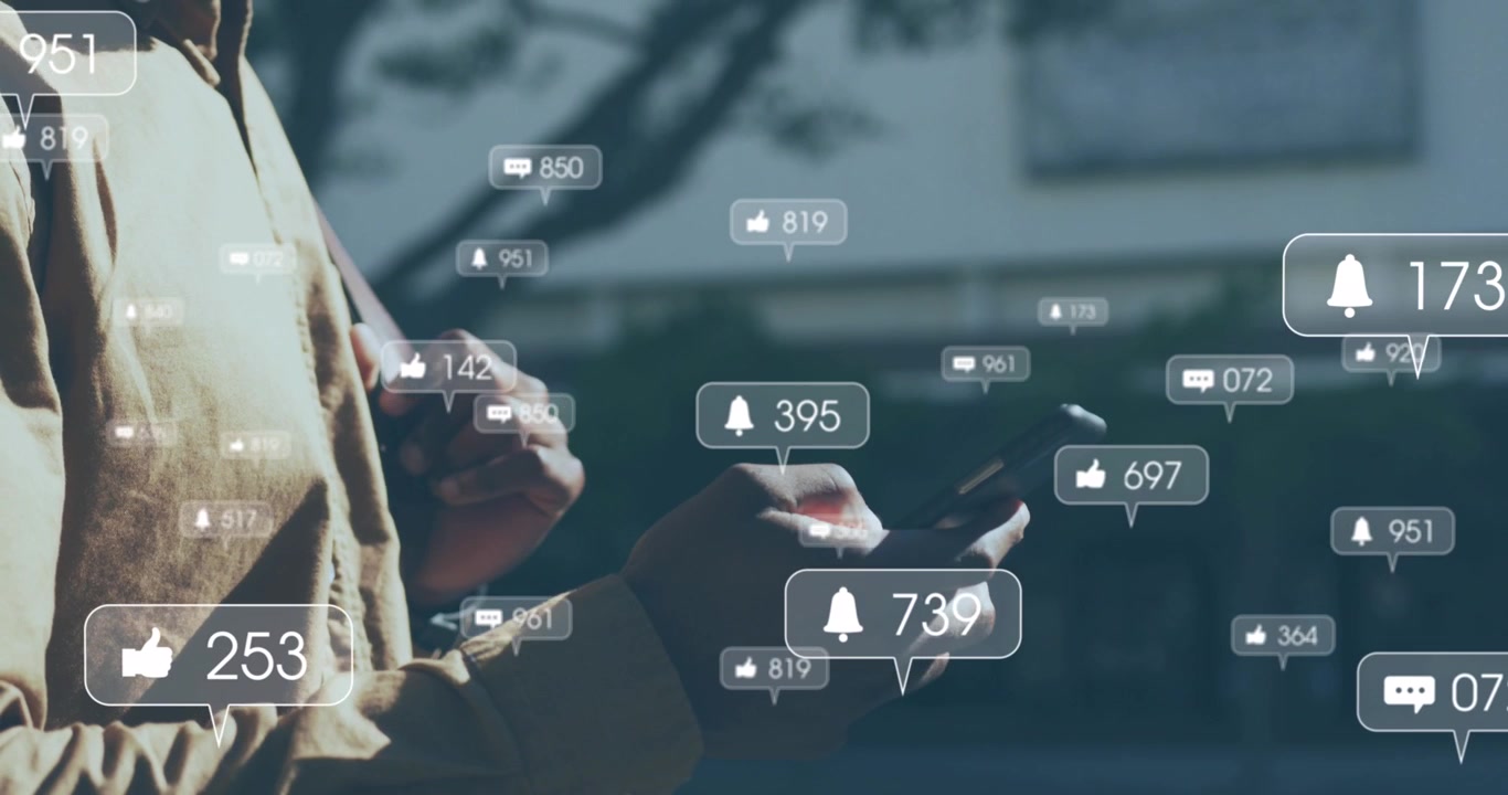 Animation of data processing and social media speech bubbles over man using smartwatch