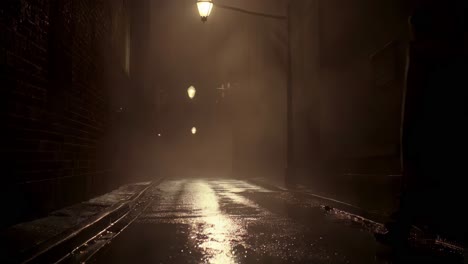 man walking a foggy night alley