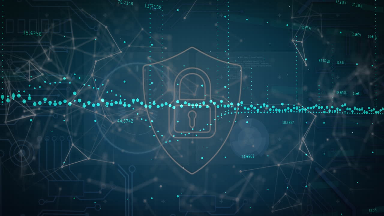 Animation of data processing over security padlock icon and network of connections