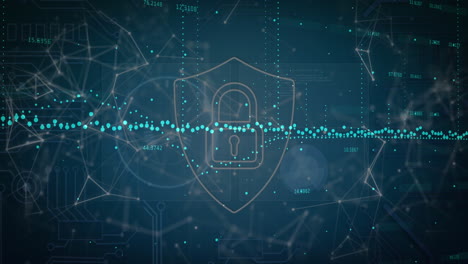 animation of data processing over security padlock icon and network of connections