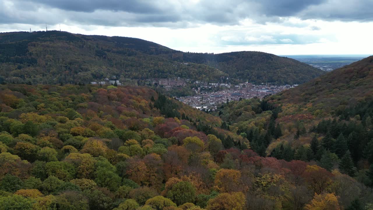 Push in drone shot of Heidelberg, shot from above autumn forest