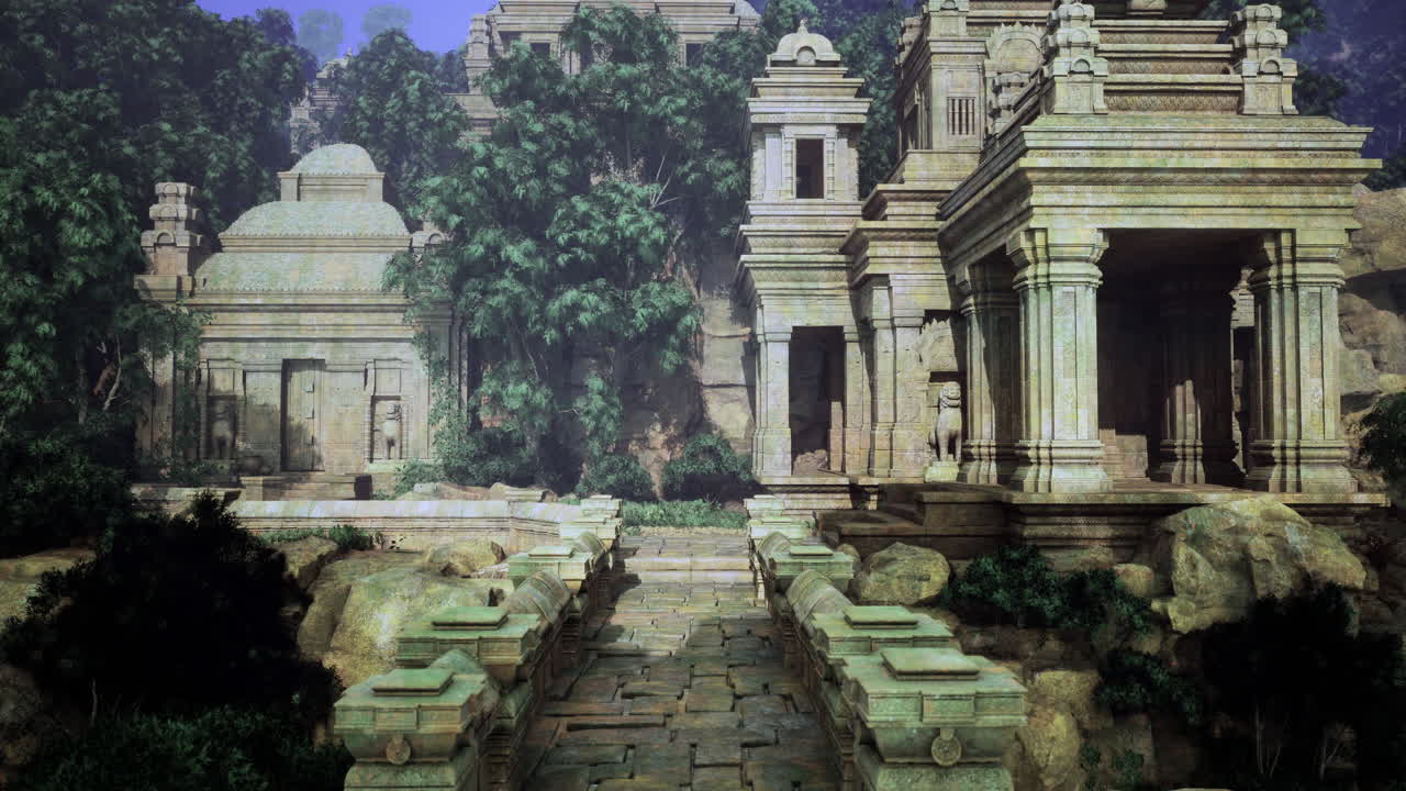 Ancient temple ruins nestled in lush greenery during daylight