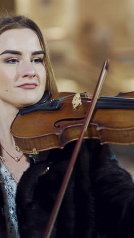 playing violin instrument in the winter time