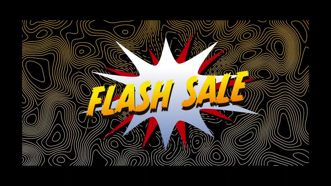Textanimation, Blitzverkauf, auf Explosion, über Konturlinien auf schwarzem Hintergrund