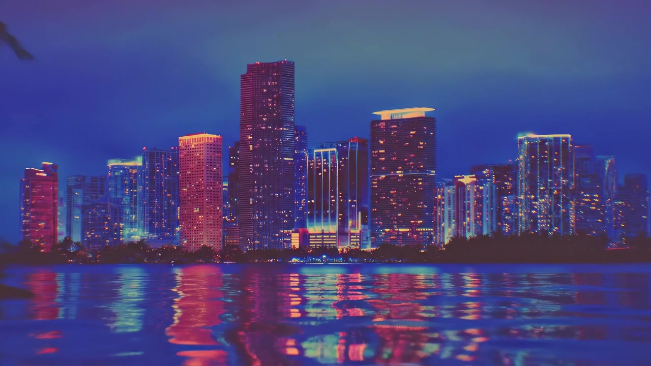 Horizonte Noturno da Paisagem Urbana de Miami com Reflexo na Água