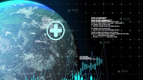 Animación-De-Datos,-Gráficos,-Iconos-Y-Globo-Terráqueo-Sobre-Fondo-Negro