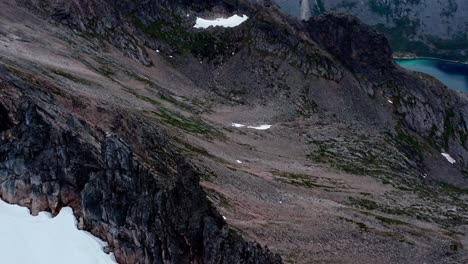 Snow-Jagged-Mountains-At-The-Hiking-Route-In-Kvaenan,-Flakstadvag-Norway