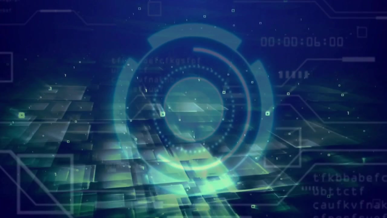 Upon fading into view interface rotating rings streaming code orbiting nodes showing network flow