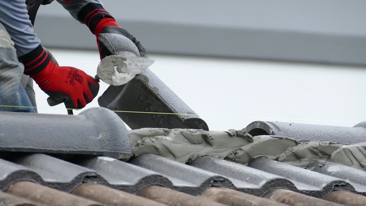 Uomo asiatico al lavoro sull'installazione del tetto, primo piano