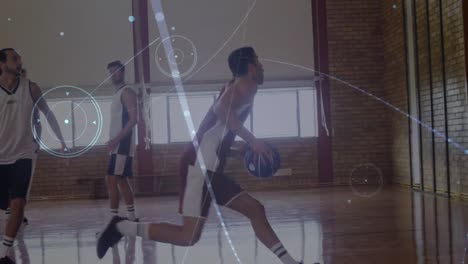 animation of networks of connections over group of diverse basketball players at gym