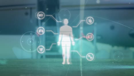 animación de silueta humana e iconos sobre el avión en el aeropuerto