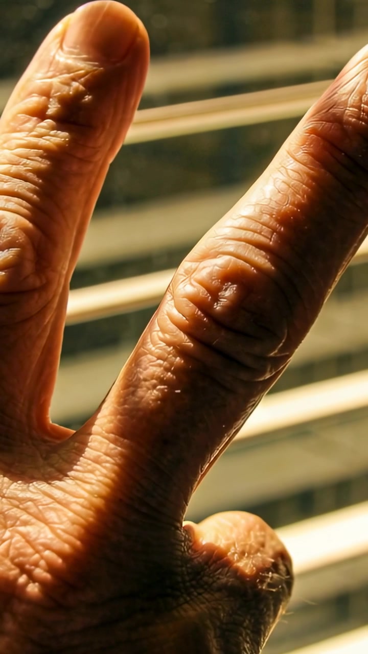 Video verticale: Mano anziana che ruota reagendo alla luce del sole attraverso le persiane, muovendo dita e ombre.