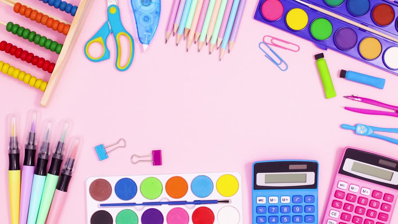 Back to school frame for text made of school accessories move on pastel pink theme. Stop motion