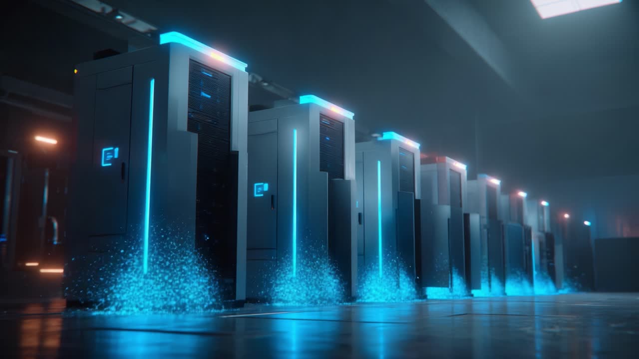 A Futuristic Warehouse Displaying Advanced Data Servers with Neon Blue Lighting, Showcasing the Evolution of Technology in Modern Computing Environments