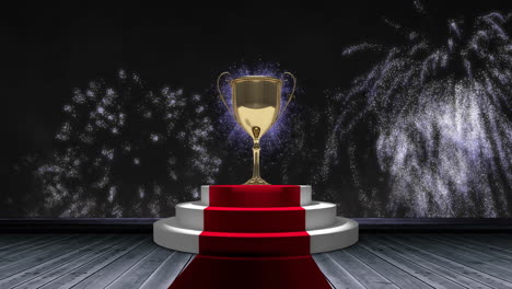 animation of gold trophy and white fireworks over steps at red carpet venue, on black background