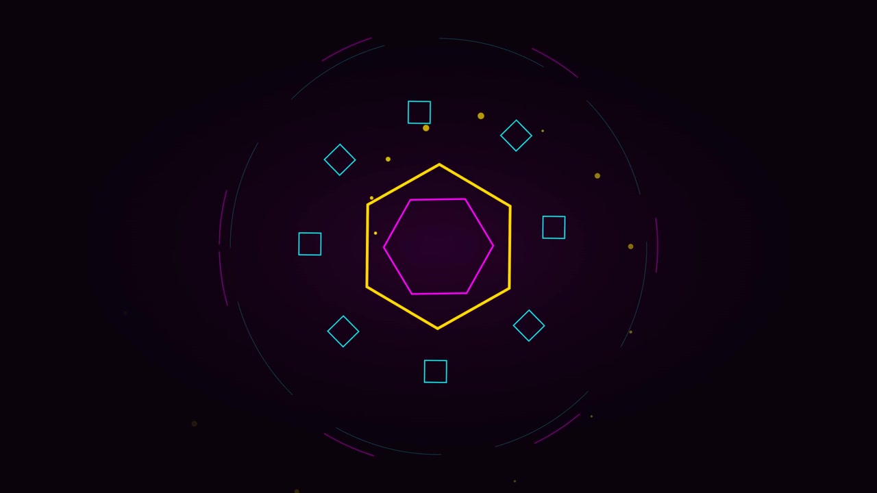 Abstract Neon Geometric Shapes Rotating on Dark Background