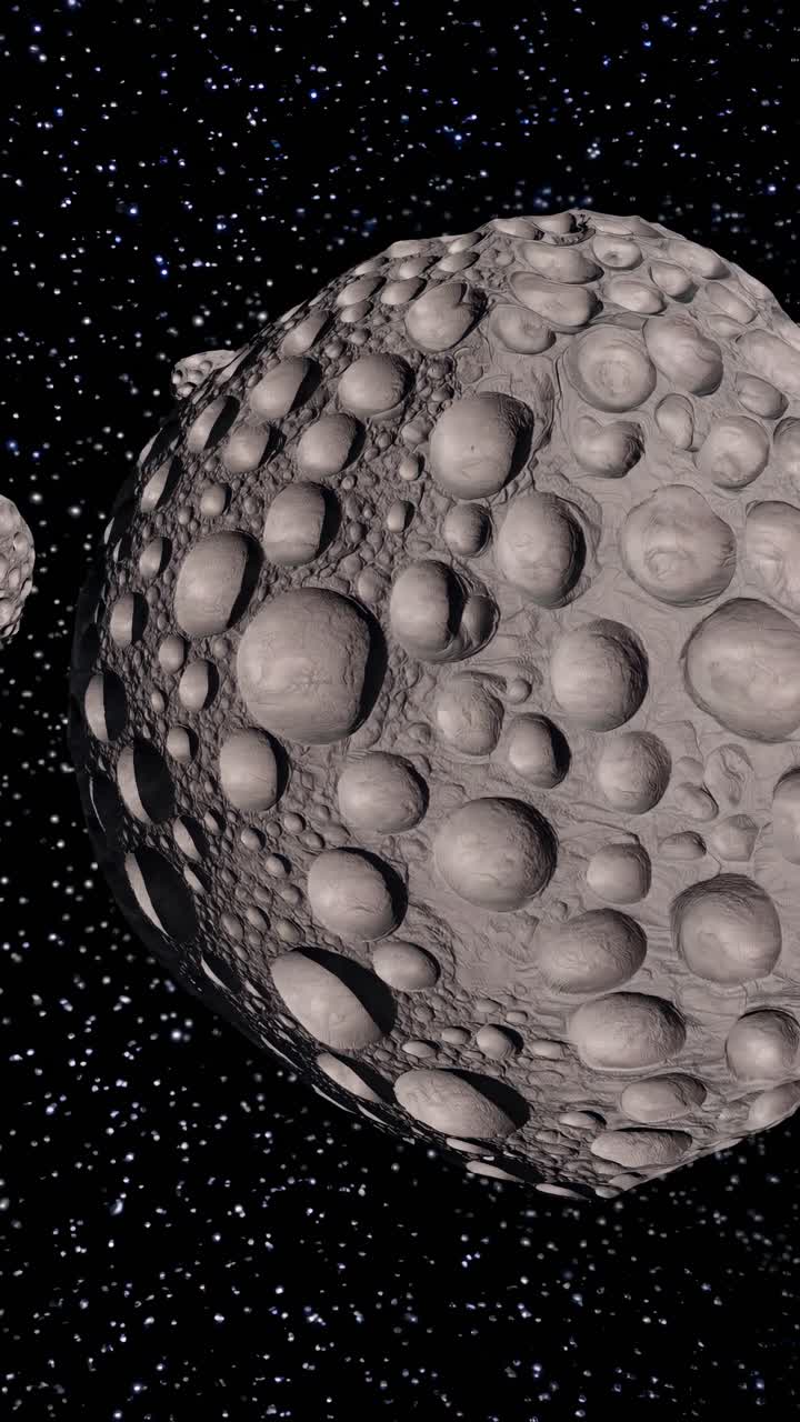 A cosmic video scene showing asteroids in deep space. The low-angle shot captures the craters