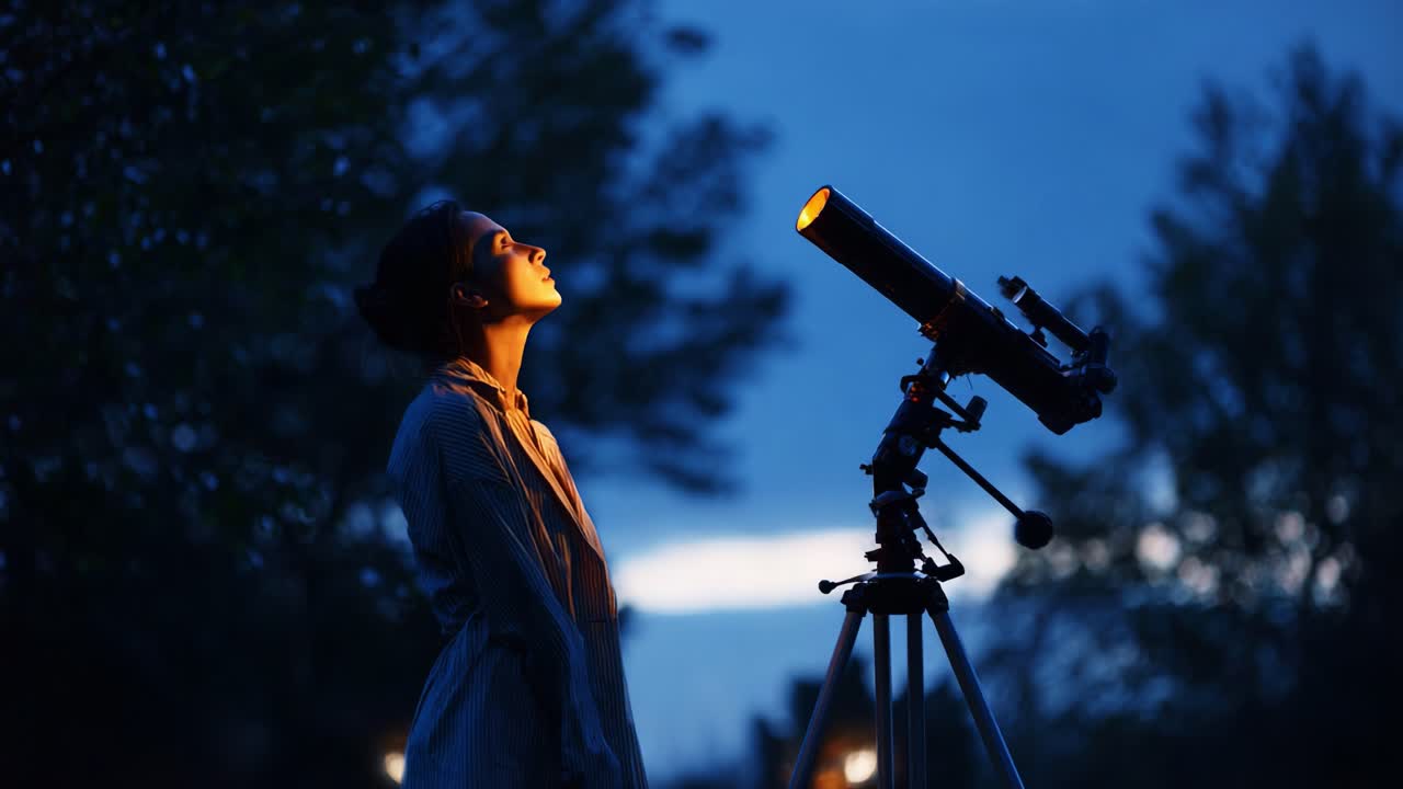 En ung kvinne som ser på stjernene med et teleskop under en skumringshimmel, og fanger skjønnheten i himmelens underverker og universets mysterier i en fredfull utendørssetting