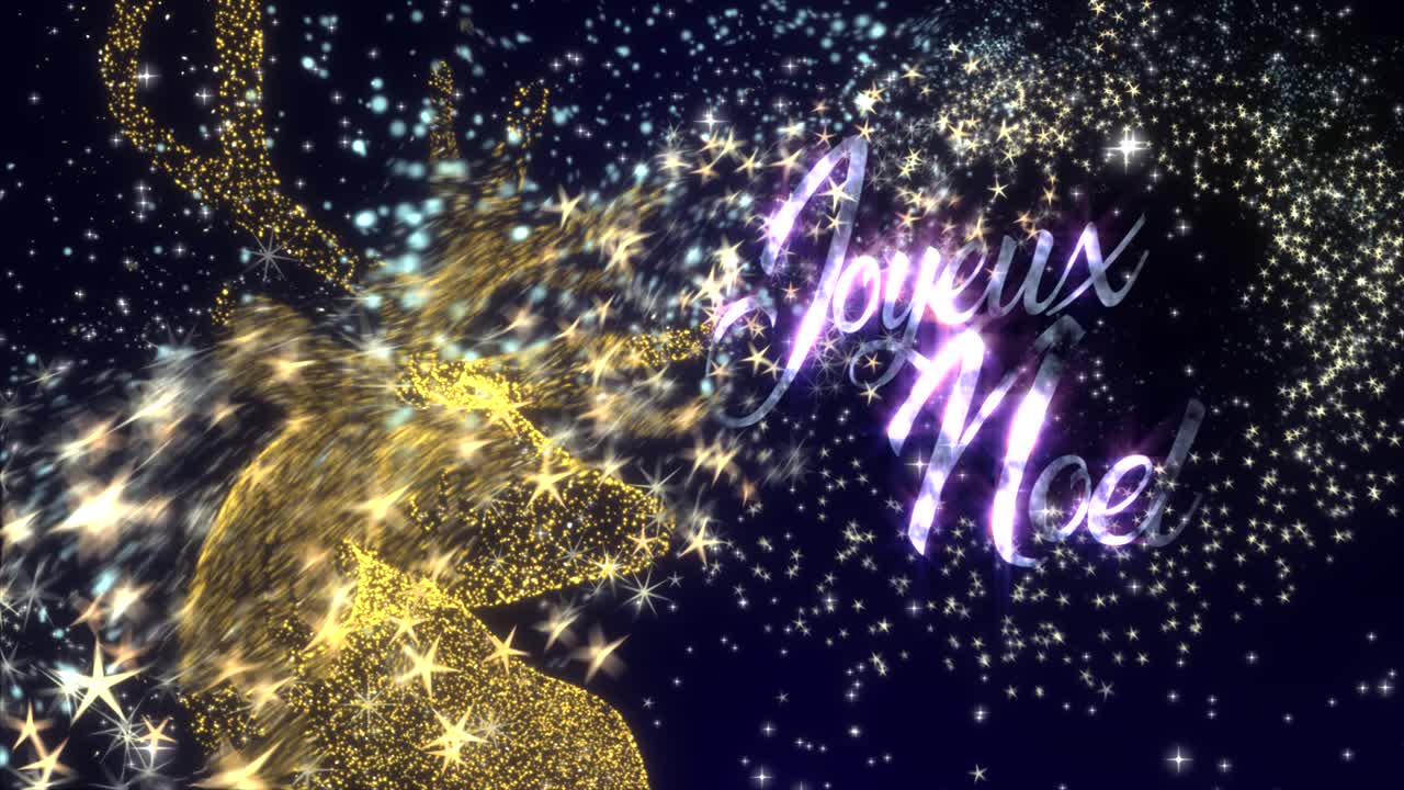 Parlayan yazıyla Fransızca "Joyeux Noel" mesajı ve parıldayan parçacıklar yağmuru içinde altın rengi bir Ren geyiği içeren Noel hareketli grafikleri.