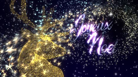 christmas motion graphics with a golden reindeer in a shower of glittering particles and the message �joyeux noel�, in french, in glowing text