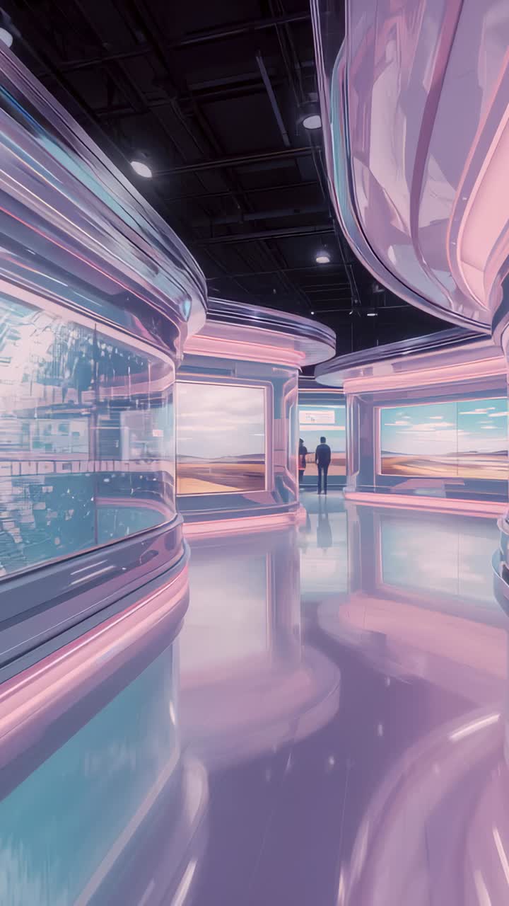 Vertical video: Sequence starting panels animating, visitor stepping in hall absorbing transitions