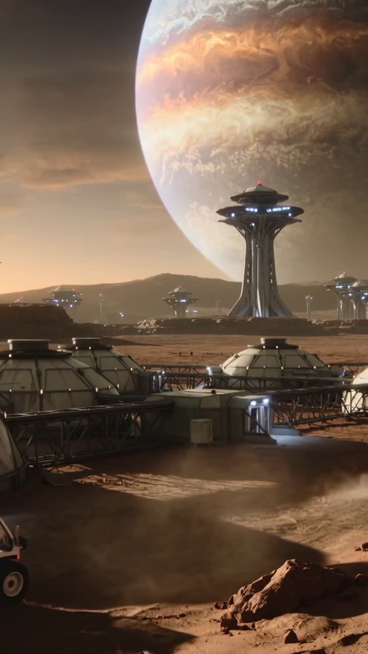 Vertical video: Driving utility rover entering right stirring dust crossing plain servicing domes