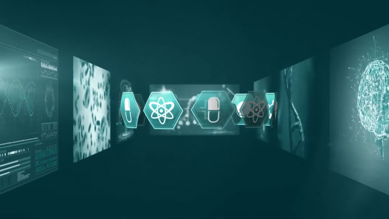 블랙 배경에 아이콘의 애니메이션과 데이터 처리