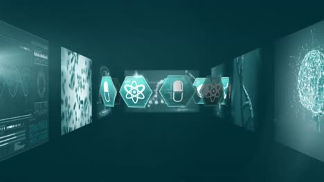 animación de iconos y procesamiento de datos sobre fondo negro