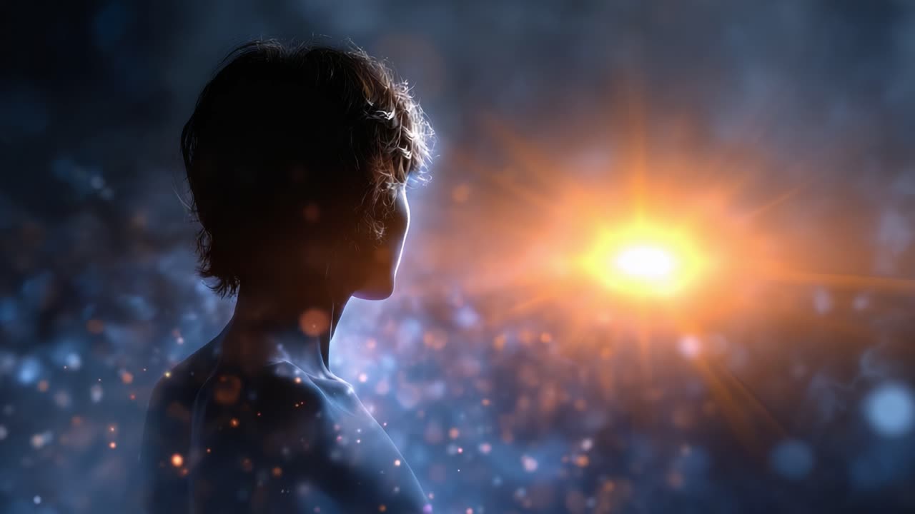 A Silhouetted Figure Staring Into the Depths of a Starry Cosmos, Surrounded by A Glimmering Aura of Light and Magical Cosmic Particles in a Mystical Scene