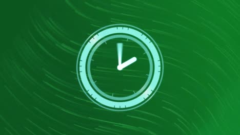 Animation-of-clock-over-green-waves-on-green-background