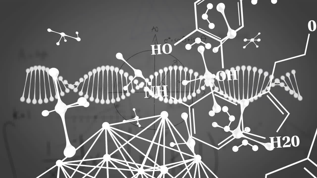 화학적 및 수학적 공식 위에 회전하는 dna 가닥의 애니메이션