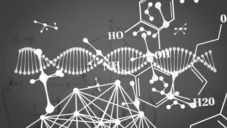 animation of dna strand spinning over chemical and mathematical formulas