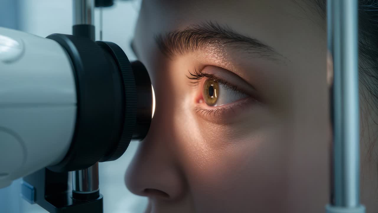 Slit-beam activating, female patient fixating at eye clinic slit-lamp, blinking refocusing for exam