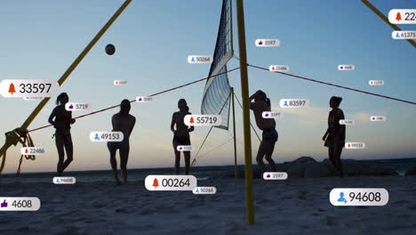 Animation-of-digital-data-processing-over-diverse-beach-volleyball-players