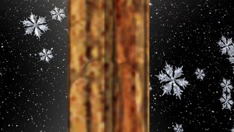 Animation-Von-Weihnachtsdekorationen-Mit-Fallendem-Schnee,-Gesehen-Durch-Das-Fenster-Auf-Schwarzem-Hintergrund